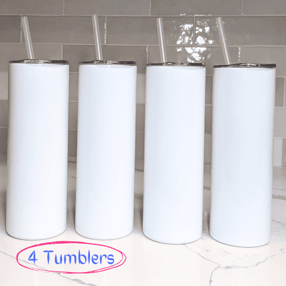 Sublimation Tumblers Blanks 20 oz with Plastic Straw, Heat Press Tumblers, Skinny Tapered Drinkware, Gift for Makers, 4 pcs
