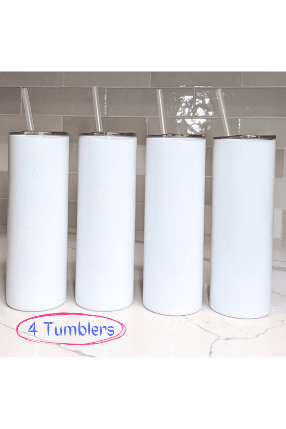 Sublimation Tumblers Blanks 20 oz with Plastic Straw, Heat Press Tumblers, Skinny Tapered Drinkware, Gift for Makers, 4 pcs