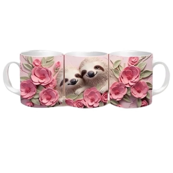 Sublimation on 11oz Mug with Pink Flowers and Two Sloths Hugging Each Other for Animal Lover or Pink Lover