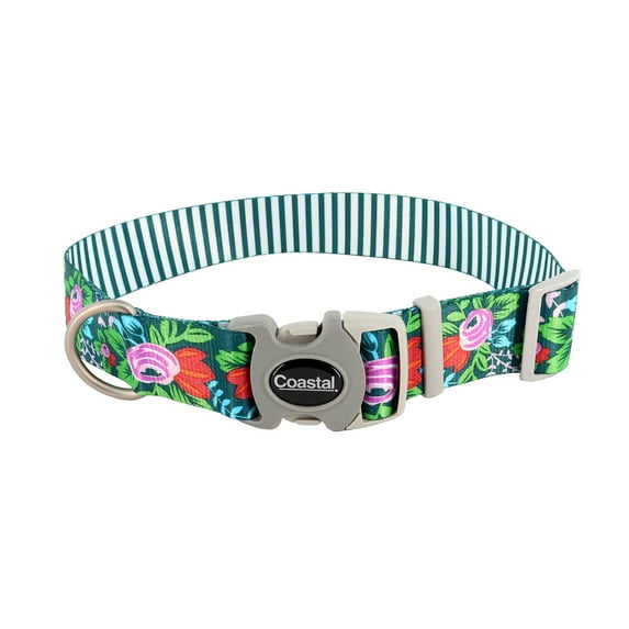 Sublime Adjustable Dog Collar, Flower Teal Stripe, 3/4-in x 8-12-in