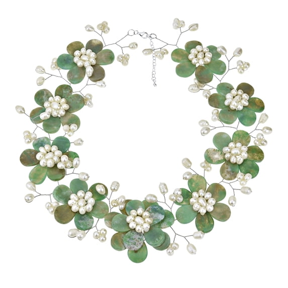 Sublime Floral Green Aventurine-Freshwater White Pearl Necklace