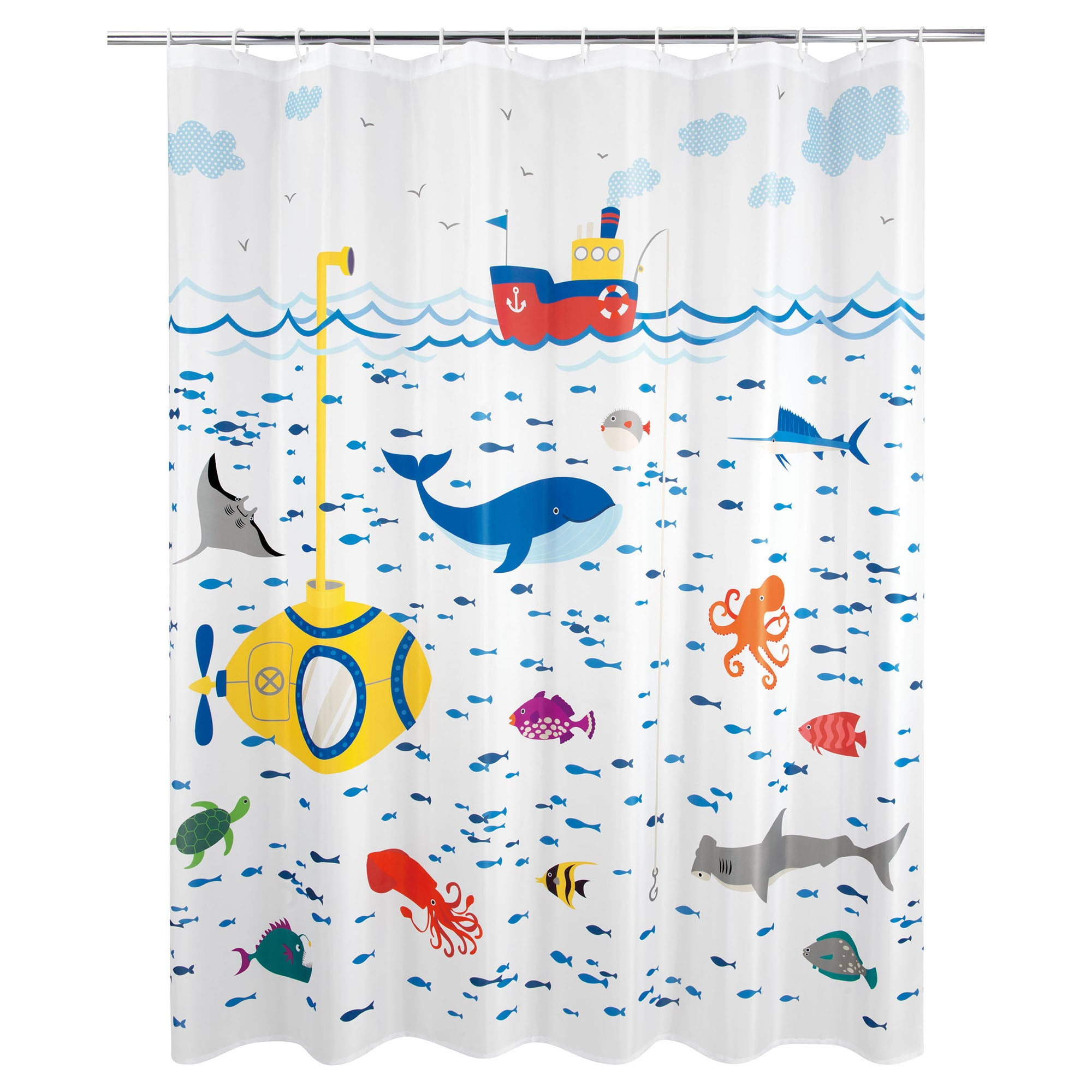Multicolor Nautical Submarine and Sea Creatures Shower Curtain