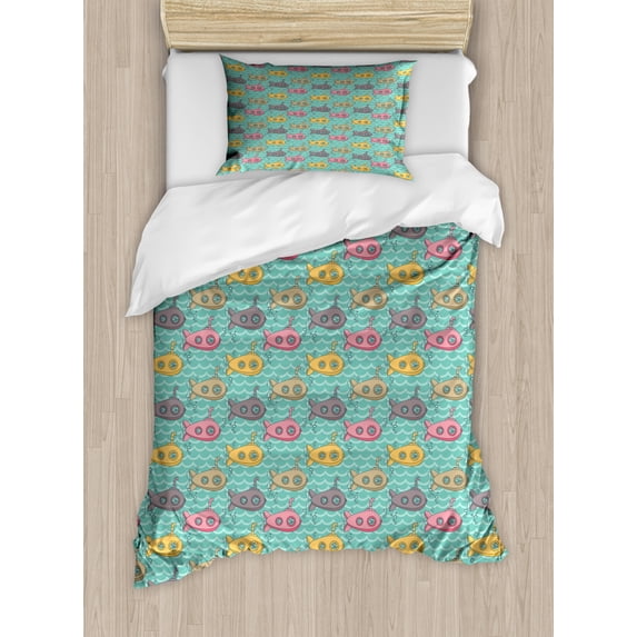 Submarine Twin Size Duvet Cover Set, Colorful Cartoon Submarines Under the Sea Nautical Fun Pattern for Kids Nursery, Decorative 2 Piece Bedding Set with 1 Pillow Sham, Multicolor, by Ambesonne