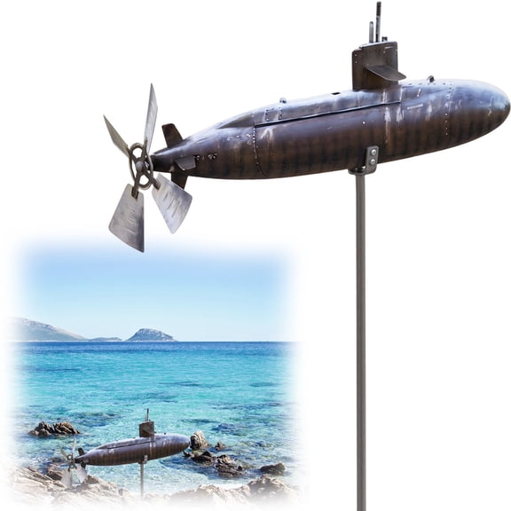 Submarine Wind Spinner, Wind Spinner Outdoor Garden Decor, Rotating Submarine Yard Spinner with Spin Blades, Motion Art Wind Sculpture for Patio, Propeller Windmill