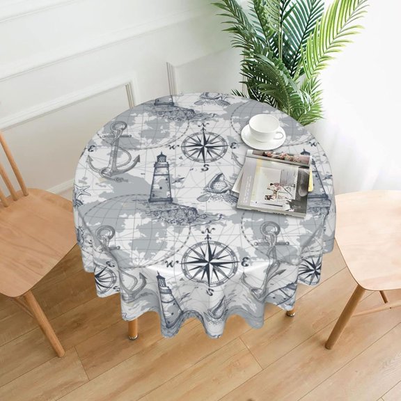 Submarine World Lighthouse Anchor Compass Washable Polyester Table Cloth Decorative Table Cover Waterproof Round Tablecloth 60 Inch