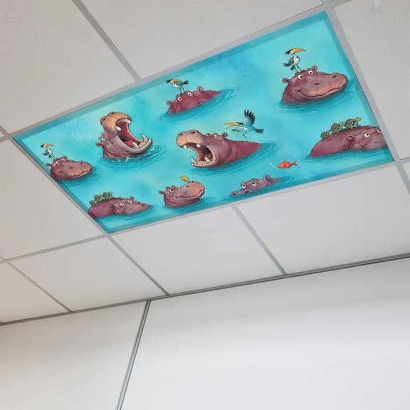 Submerged Hippopotamuses 1 Pc Fluorescent Light Cover 4 x 2 Feet, Modern Playful Animal Blue Swimming Pool Covers for Ceiling Lights Magnetic Light Cloth Filter for Classroom Office Home