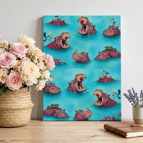Submerged Hippopotamuses Canvas Wall Art, Modern Playful Animal Blue Swimming Pool Framed Canvas Wall Decor Picture Print Artwork Decorations for Living Room Office Ready to Hang 20" x 16"