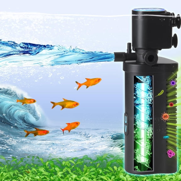 Submersible Aquarium Filter for 20-75 Gallon Fish Tank with UV Light for Green Water Control, Internal Pump Filtration System