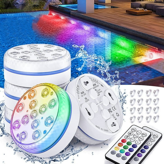 Submersible LED Lights, Underwater Led Lights with Remote RF 16 Colors Changing Waterproof Pool Lights with Magnets & Suction Cups for Pool Pond Bathtub Vase Party(2 Packs)