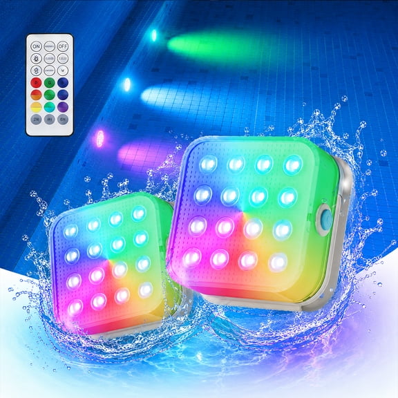 Submersible Pool Lights with Remote, 16 Color Changing Rechargeable LED Lights, IP68 Waterproof Underwater Lighting with Timer for Inground Pool, Hot Tub, Bathtub, Party Decorations, 2 Pack