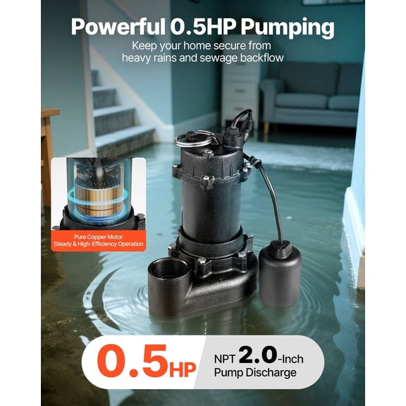 Submersible Sewage Pump,1/2 HP,4800 GPH Cast Iron Sewage/Effluent Pump with Automatic Tethered Float Switch,2-"NPT Discharge,120V,20 ft Max Lift,for Basement,Septic Tank,Residential