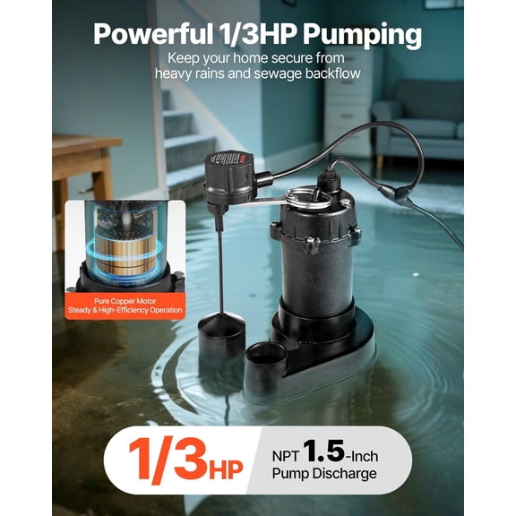Submersible Sewage Pump,1/3 HP,3000 GPH Cast Iron Sewage/Effluent Pump with Automatic Float Switch,1.5-"NPT Discharge,120V,25 ft Lift,for Basement,Septic Tank,Residential Sump Basin