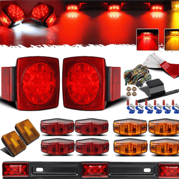 Submersible Trailer Lights Kit 12V - Square LED Kits + 14" Red/Amber ID Light Bar + Clearance Lights