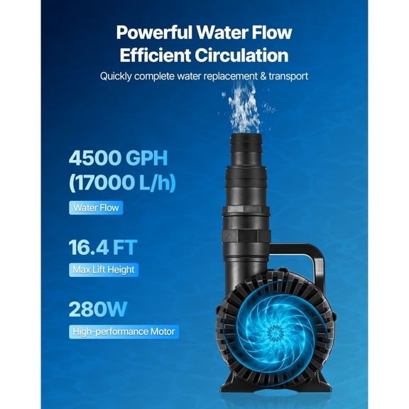 Submersible Water Pump, 280W 4500GPH, Aquarium Return Pump with 16.4 ft Lift Height & 180 Adjustable Flow Direction, Suitable for Pond, Aquarium, Fountain, Waterfall, and Fish Tank