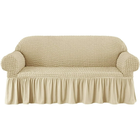 Subrtex 1-Piece Seersucker Sofa Slipcover Skirt Stretch Couch Cover (Loveseat, Light Khaki)