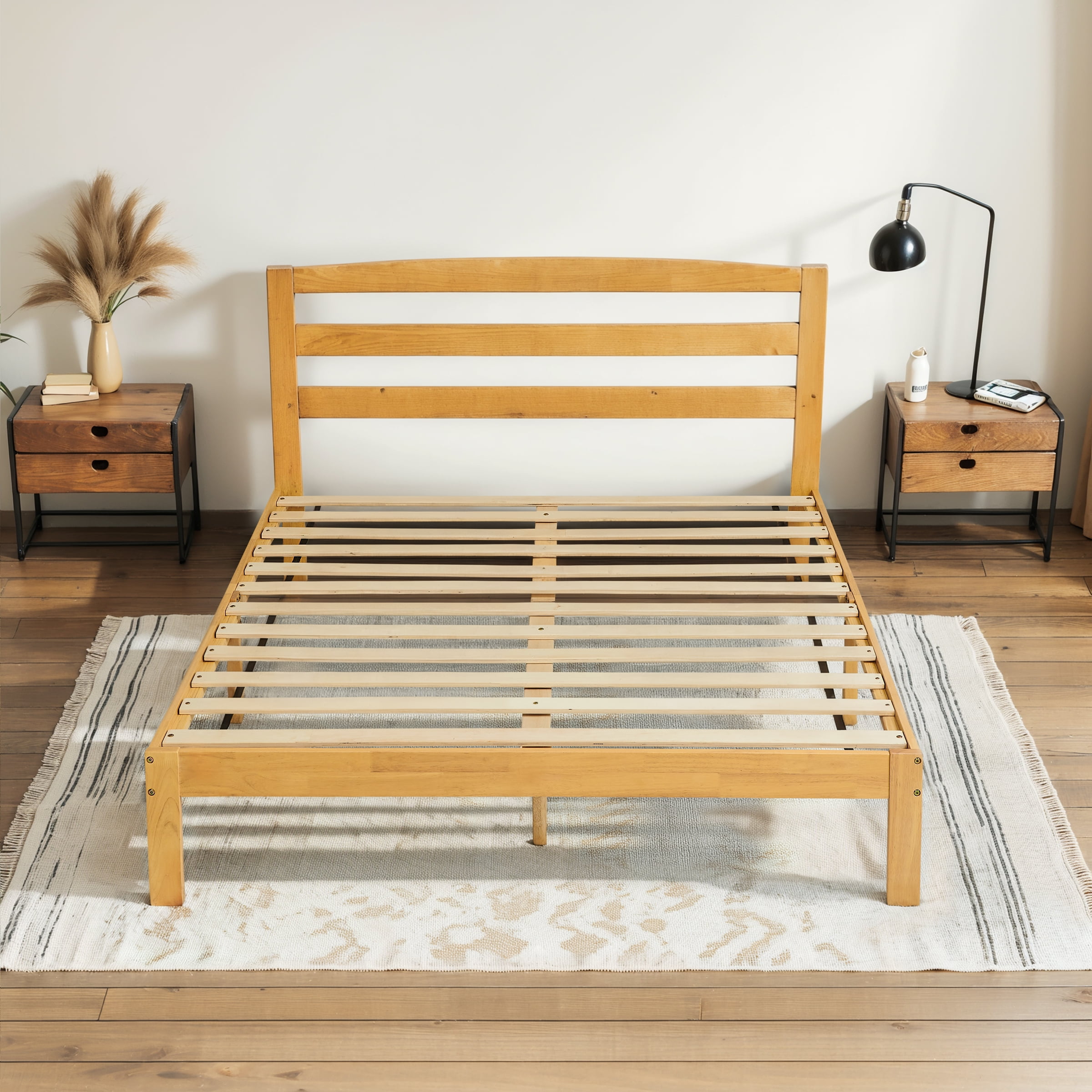 Subrtex 12" Solid Wood Platform Bed Frame with Headboard, Natural Wood, Full