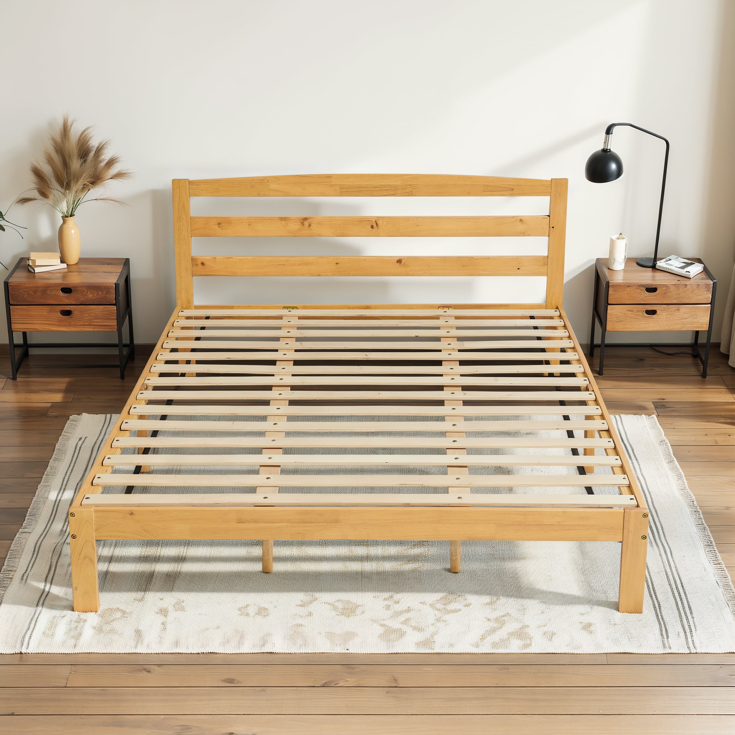 Subrtex 12" Solid Wood Platform Bed Frame with Headboard, Natural Wood, King