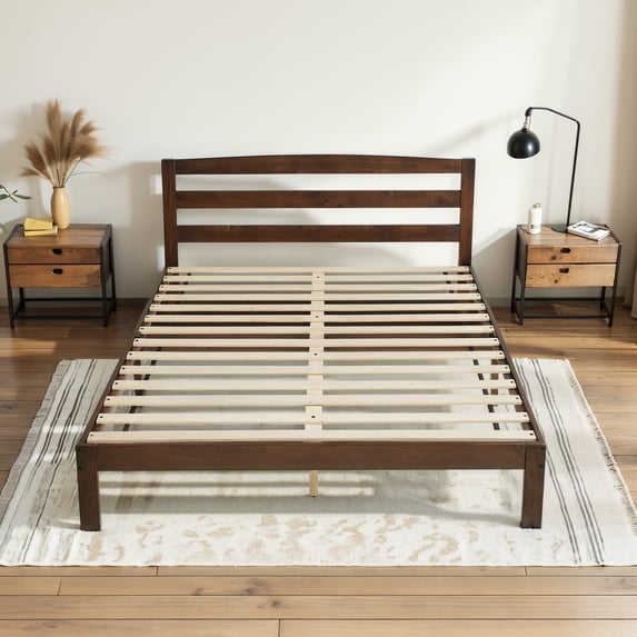Subrtex 12" Solid Wood Platform Bed Frame with Headboard, Walnut, Full