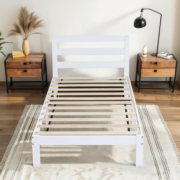 Subrtex 12" Solid Wood Platform Bed Frame with Headboard, White, Twin