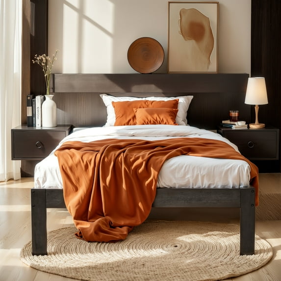 Subrtex 12" Solid Wood Platform Bed Frame with Wooden Slats, Dark Gray, Twin