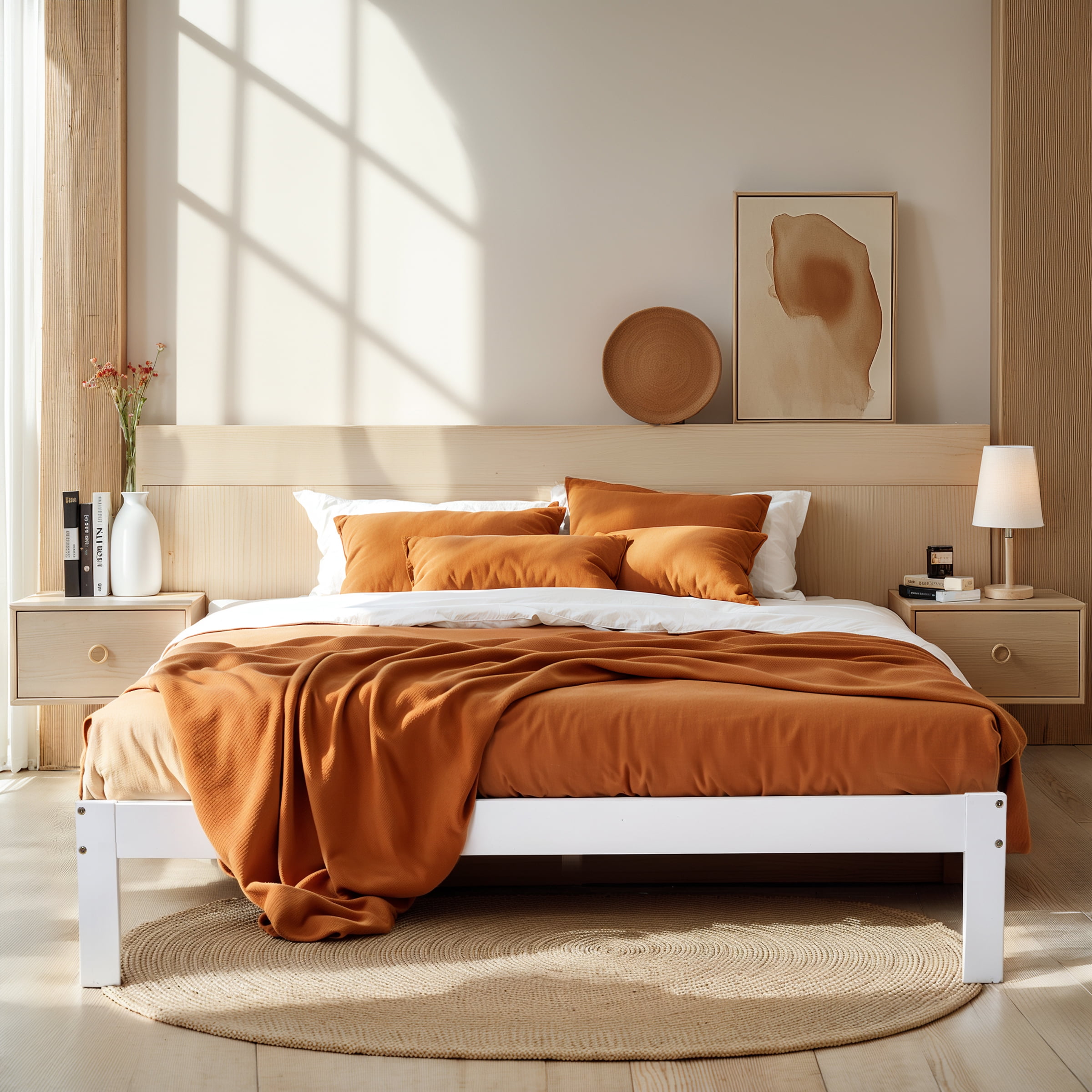 Subrtex 12" Solid Wood Platform Bed Frame with Wooden Slats, White, Queen