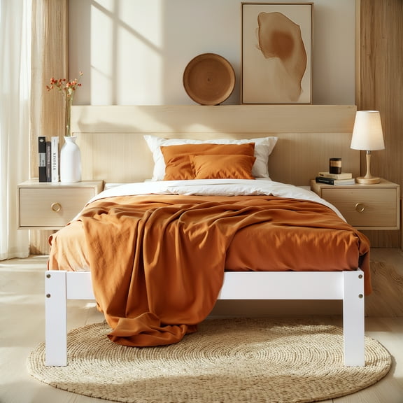 Subrtex 12" Solid Wood Platform Bed Frame with Wooden Slats, White, Twin