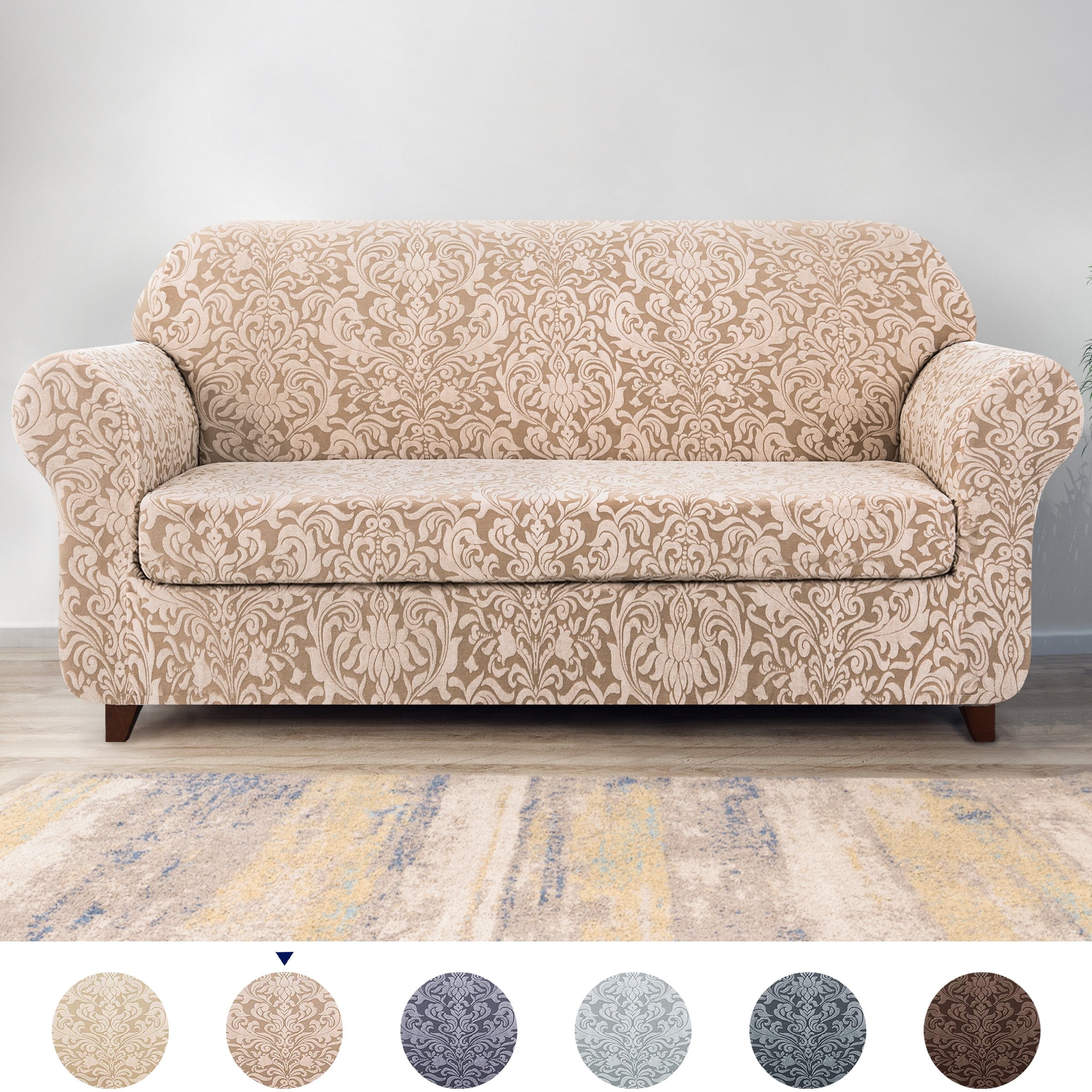 Subrtex 2-piece Jacquard Damask Stretch Sofa Cover Loveseat Slipcover, Oatmeal