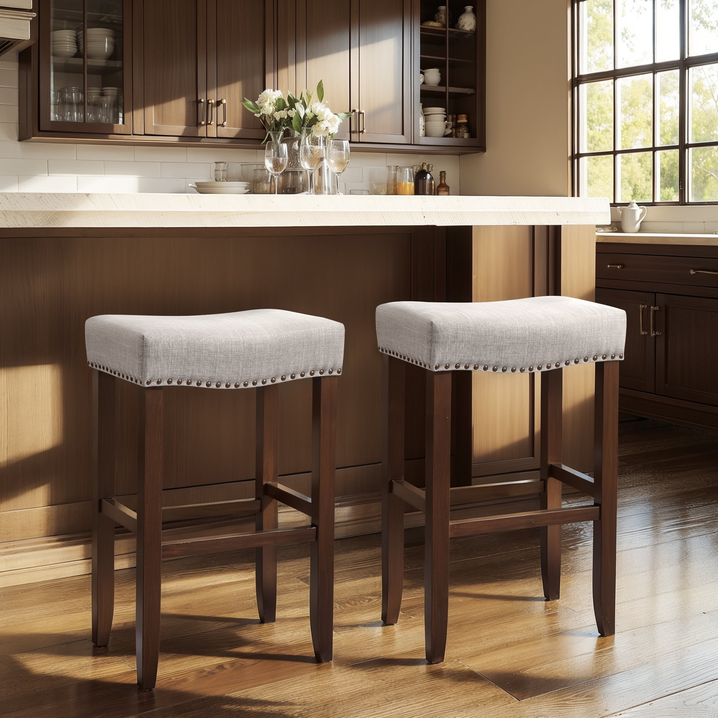Subrtex Bar Stool Set of 2, 24" Backless Saddle Counter Height Kitchen Stool, Upholstered, Gray