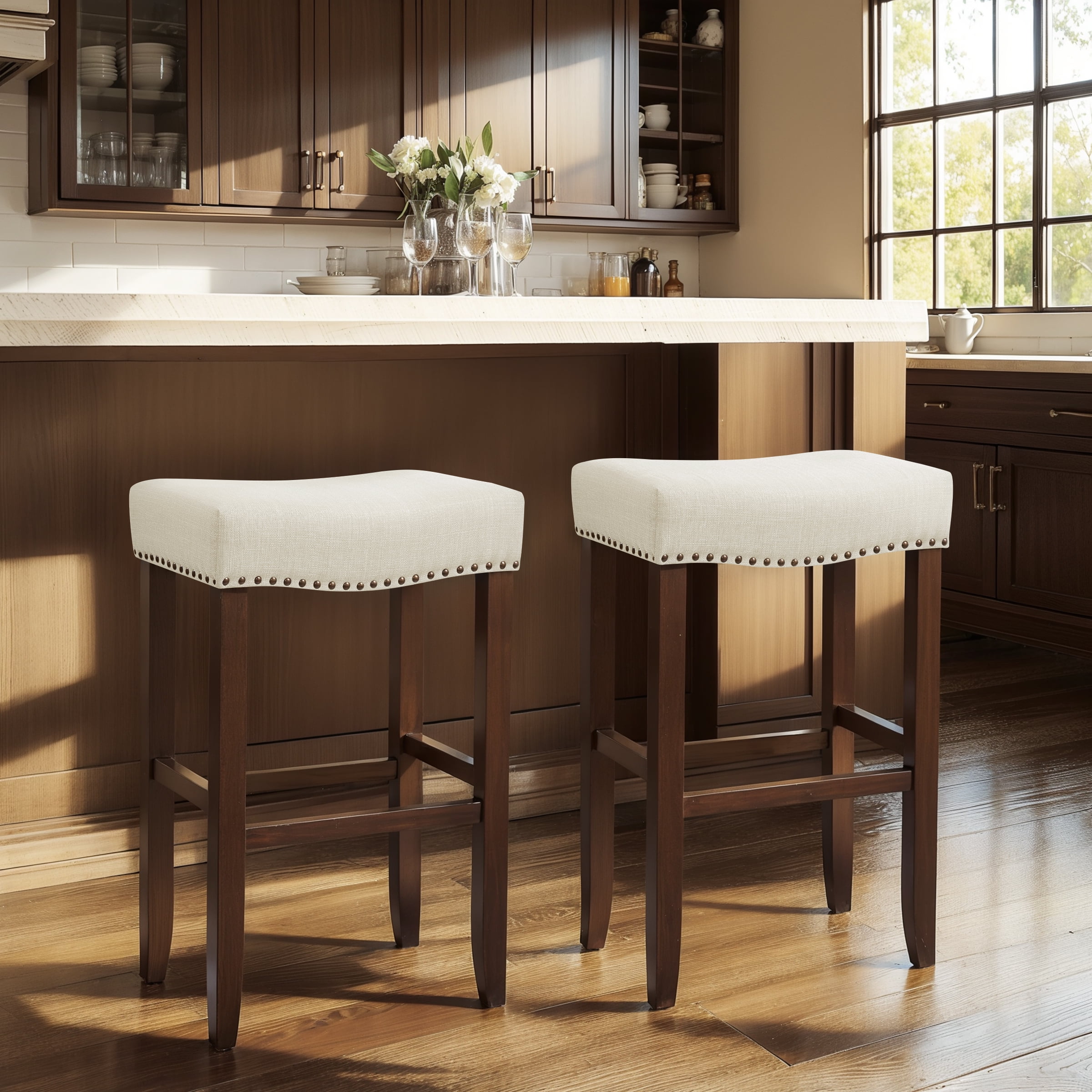 Subrtex 24" Backless Saddle Bar Stool, Wood Upholstered Counter Stool for Kitchen, Set of 2, Ivory