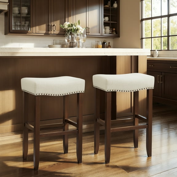Subrtex 24" Backless Saddle Bar Stool, Wood Upholstered Counter Stool for Kitchen, Set of 2, Ivory