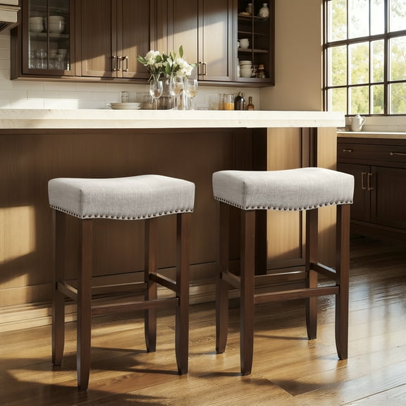 Subrtex 24" Backless Saddle Bar Stool, Wood Upholstered Counter Stool for Kitchen Set of 2, Gray