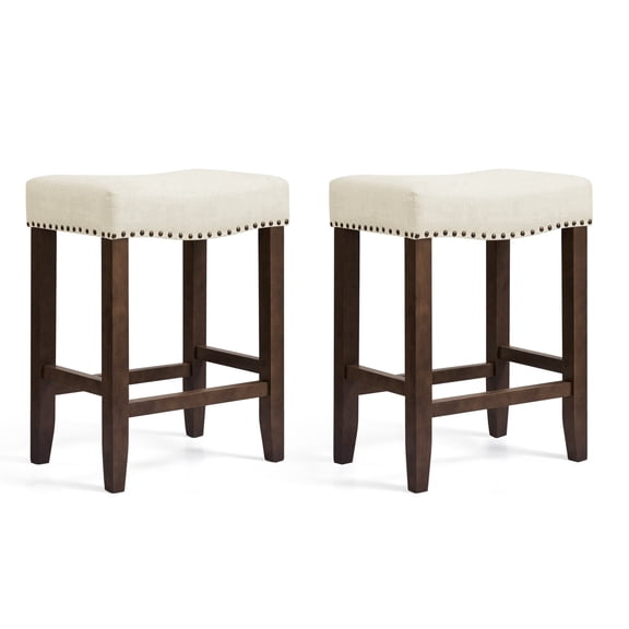Subrtex 24" Backless Saddle Bar Stool, Wood Upholstered Counter Stool for Kitchen Set of 2, Ivory