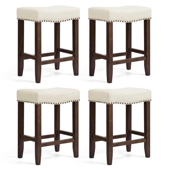 Subrtex 24" Backless Saddle Bar Stool, Wood Upholstered Counter Stool for Kitchen Set of 4, Ivory