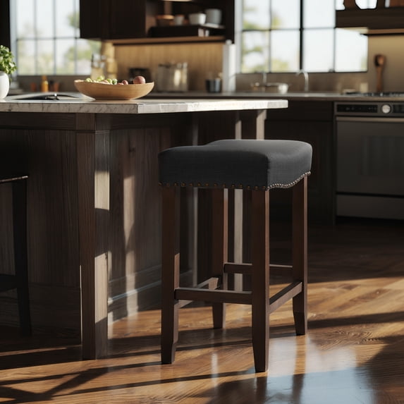 Subrtex 29" Backless Bar Stool, Upholstered Saddle Seat Counter Stool with Solid Wood Legs for Kitchen, Black