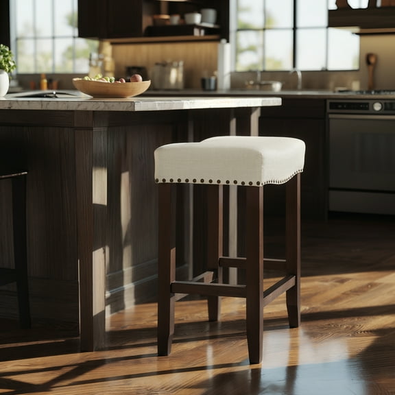 Subrtex 29" Backless Bar Stool, Upholstered Saddle Seat Counter Stool with Solid Wood Legs for Kitchen, Ivory