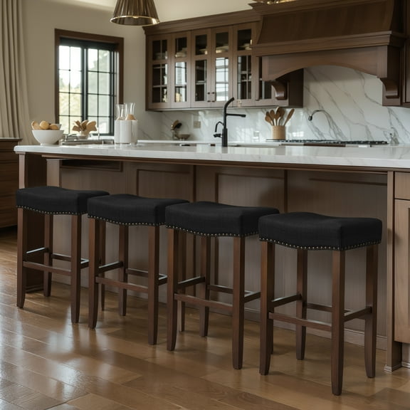 Subrtex 29" Backless Bar Stool, Wood Upholstered Saddle Counter Stool for Kitchen, Set of 4, Black