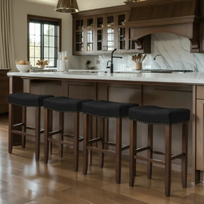 Subrtex 29" Backless Bar Stool, Wood Upholstered Saddle Counter Stool for Kitchen, Set of 4, Black