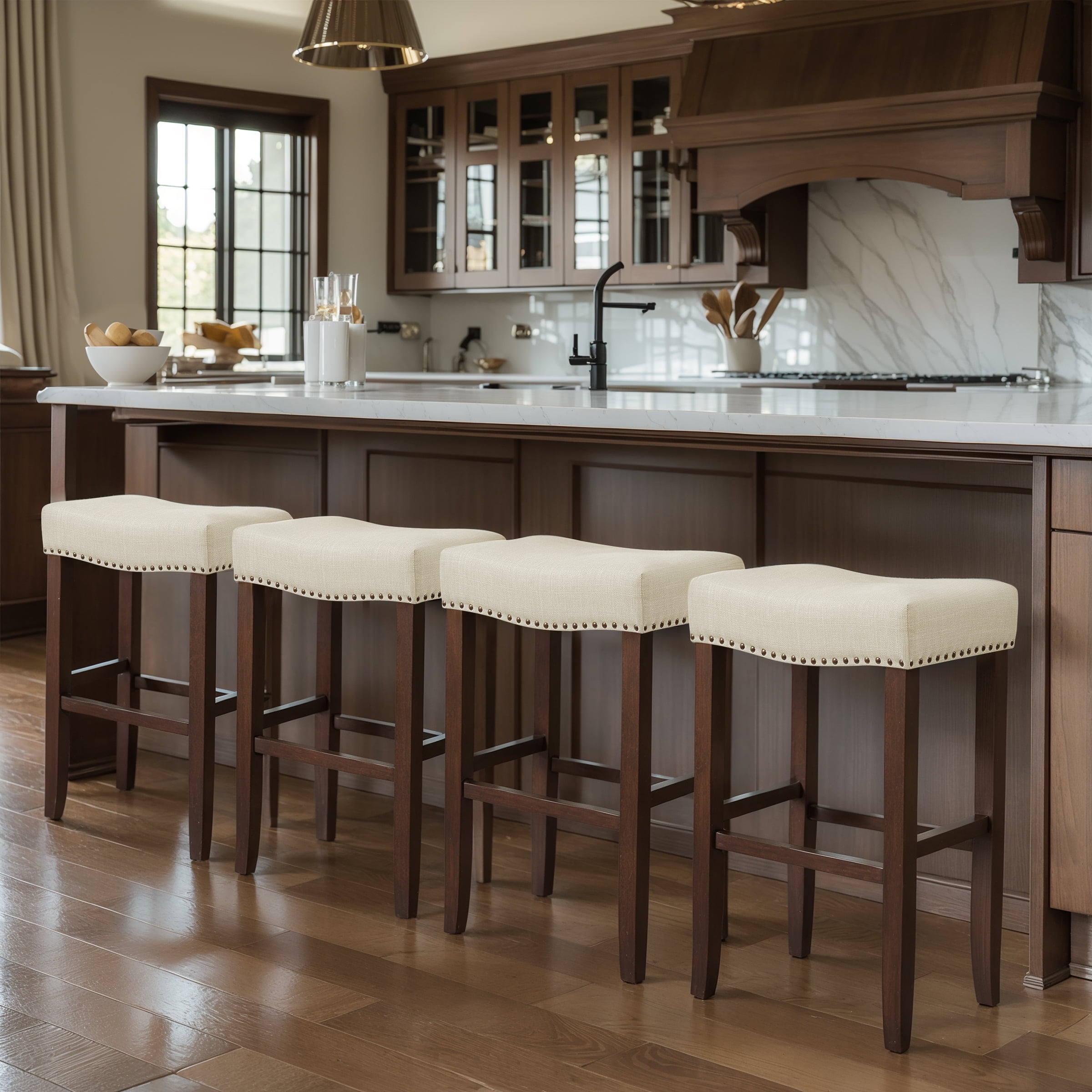 Subrtex 29" Backless Saddle Bar Stool, Wood Upholstered Counter Stool for Kitchen, Set of 4, Ivory