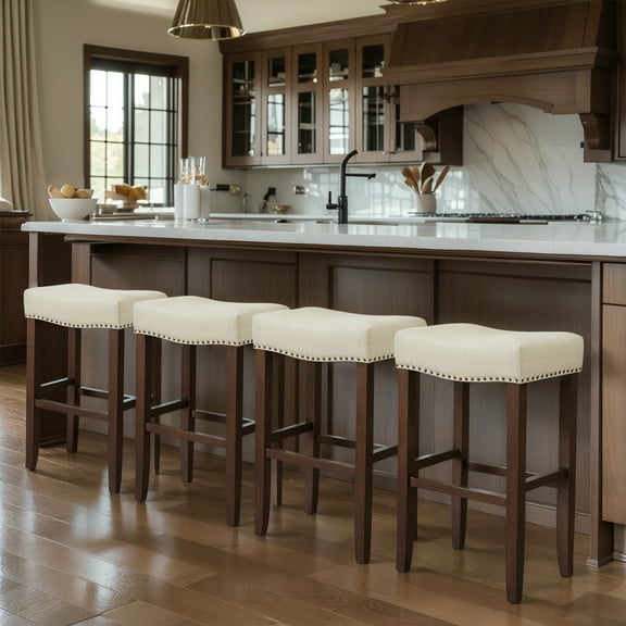 Subrtex 29" Backless Saddle Bar Stool, Wood Upholstered Counter Stool for Kitchen, Set of 4, Ivory