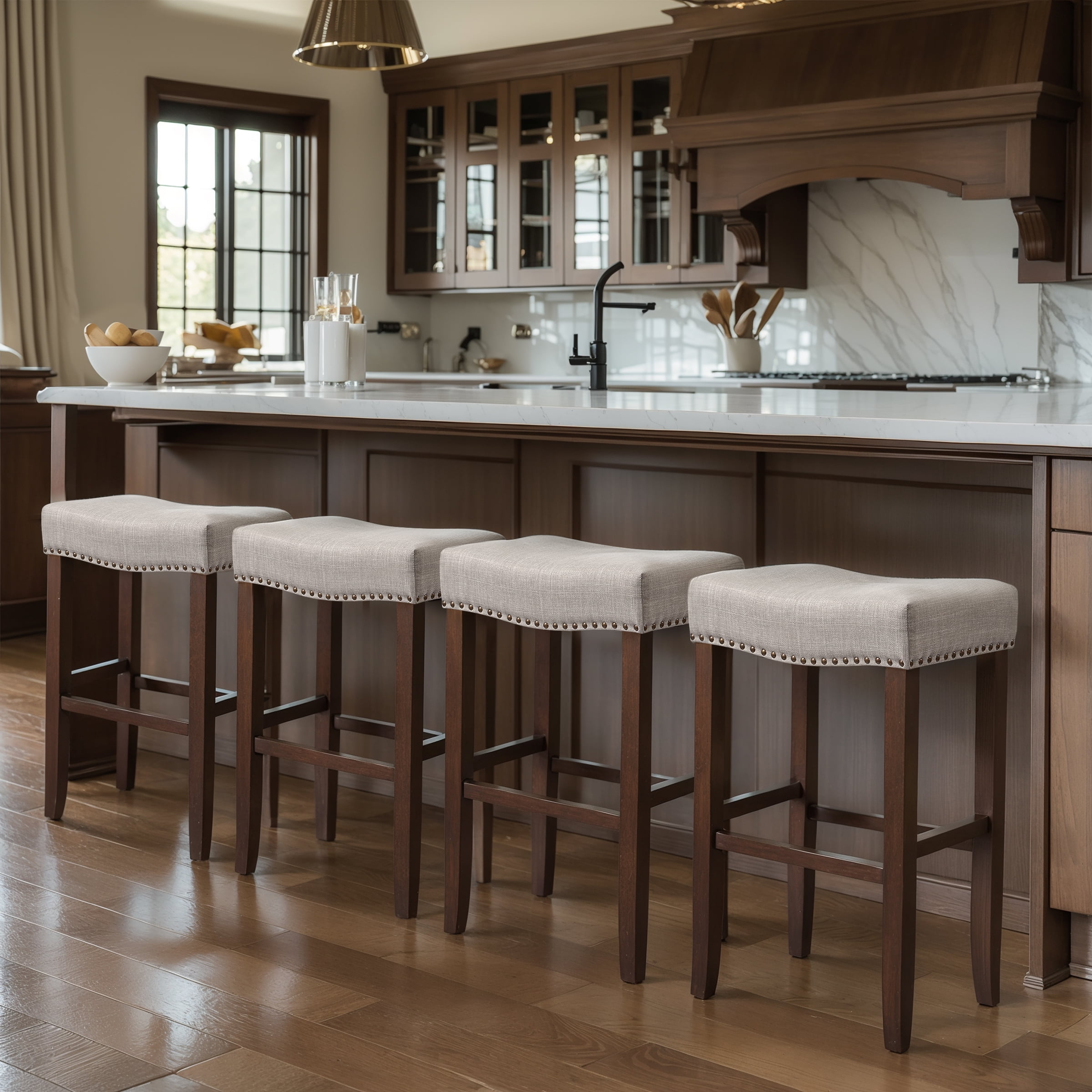 Subrtex 29" Backless Saddle Bar Stool, Wood Upholstered Counter Stool for Kitchen, Set of 4, Gray
