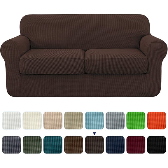 Subrtex 3-Piece High Spandex Textured Grid Sofa Slipcover, Separate Cushion Cover(Chocolate, Loveseat)