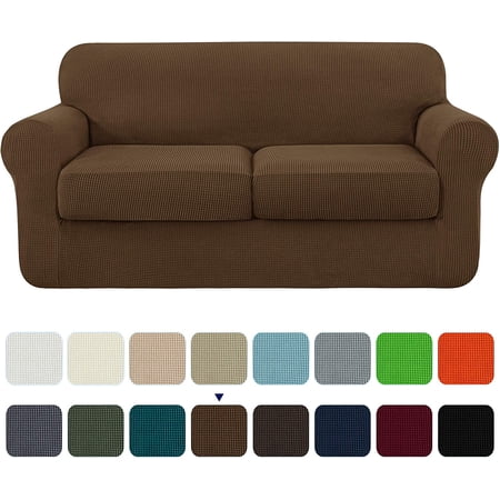 Subrtex 3-Piece High Spandex Textured Grid Sofa Slipcover, Separate Cushion Cover(Coffee, Loveseat)