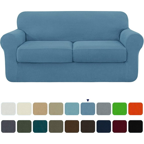 Subrtex 3-Piece High Spandex Textured Grid Sofa Slipcover, Separate Cushion Cover (Denim Blue, Loveseat)