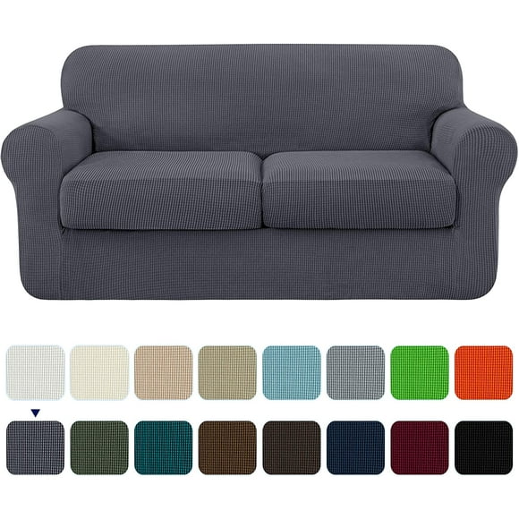 Subrtex 3-Piece High Spandex Textured Grid Sofa Slipcover, Separate Cushion Cover(Gray, Loveseat)
