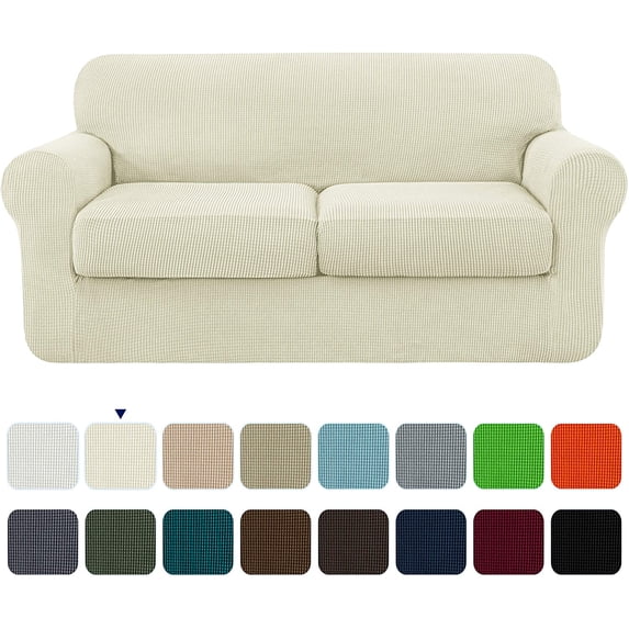 Subrtex 3-Piece High Spandex Textured Grid Sofa Slipcover, Separate Cushion Cover(Ivory, Loveseat)