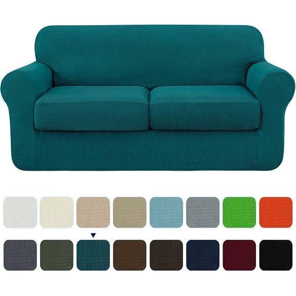 Subrtex 3-Piece High Spandex Textured Grid Sofa Slipcover, Separate Cushion Cover(Turquoise, Loveseat)