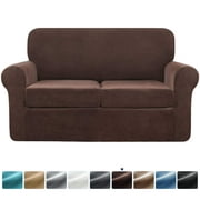 Subrtex 3-Piece Velvet Plush Stretchy Sofa Slipcover with Separate Cushion Covers (Chocolate, Loveseat)