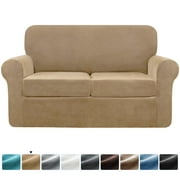 Subrtex 3-Piece Velvet Plush Stretchy Sofa Slipcover with Separate Cushion Covers (Sand, Loveseat)