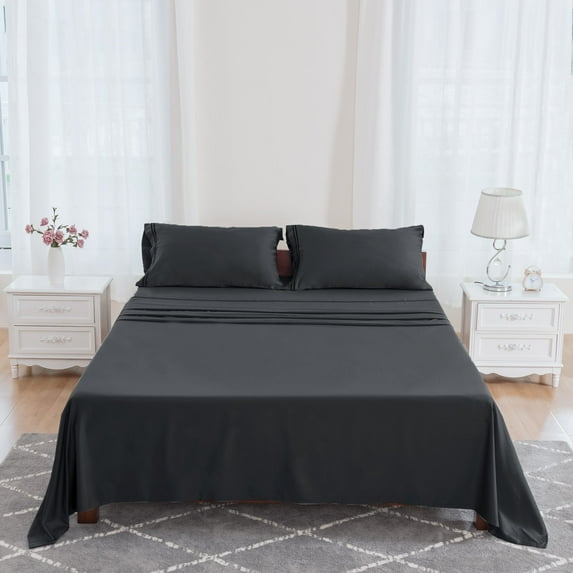 Subrtex 4-Piece 1600 Thread Count Microfiber Bed Sheet Set Super Soft with 40% Tencel and 60% Cotton (Queen, Dark Gray)
