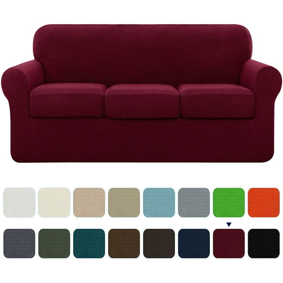 Subrtex 4-Piece Stretch Textured Grid Sofa Cover Slipcover,Separate Cushion Cover(Wine, Sofa)